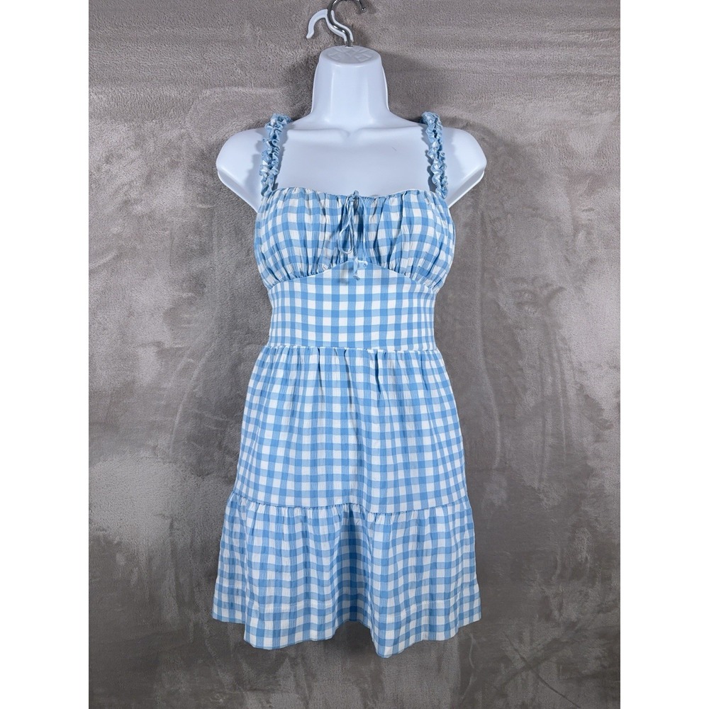Show Me Your Mumu Rosie Mini Dress Womens White Blue Gingham Smocked Tiered
